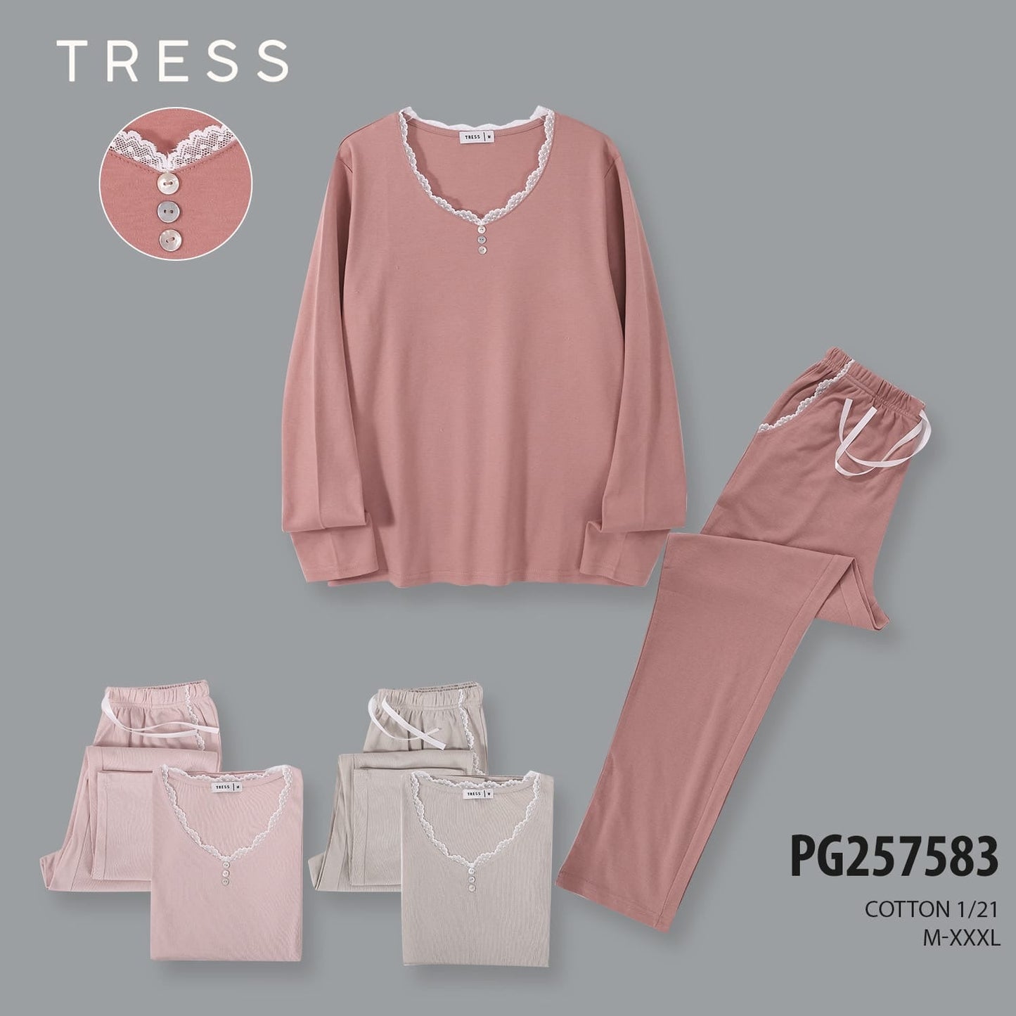 Ženska dolga pižama, Tress 7583 enobarvna s čipko