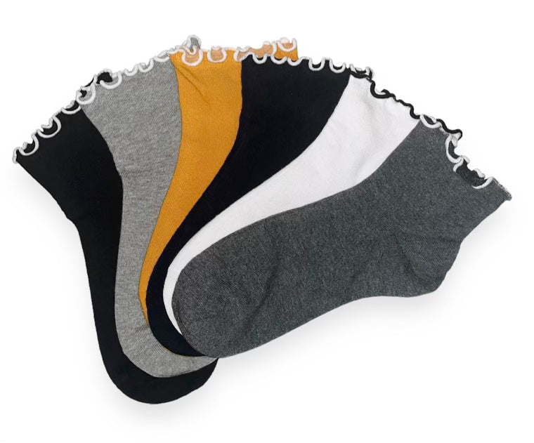 6 párů dámských ponožek bez gumy, nízké, jednobarevné s volánky 5574