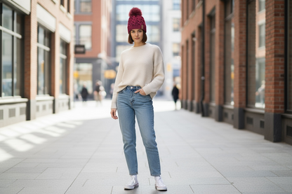 Zimní pletená čepice Lunanay 3599, vínově červená s bambulkou