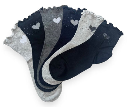 6 párů dámských ponožek bez gumy, středně vysoké 5827 stříbrné srdce