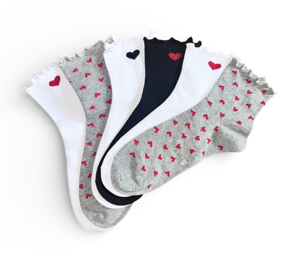 6 párů dámských ponožek bez gumičky, středně vysoké, červená srdíčka 5964