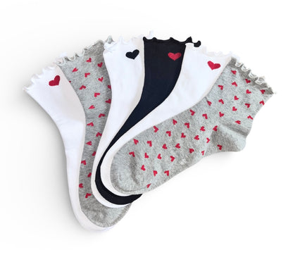 6 párů dámských ponožek bez gumičky, středně vysoké, červená srdíčka 5964