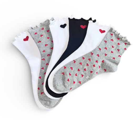 6 párů dámských ponožek bez gumičky, středně vysoké, červená srdíčka 5964